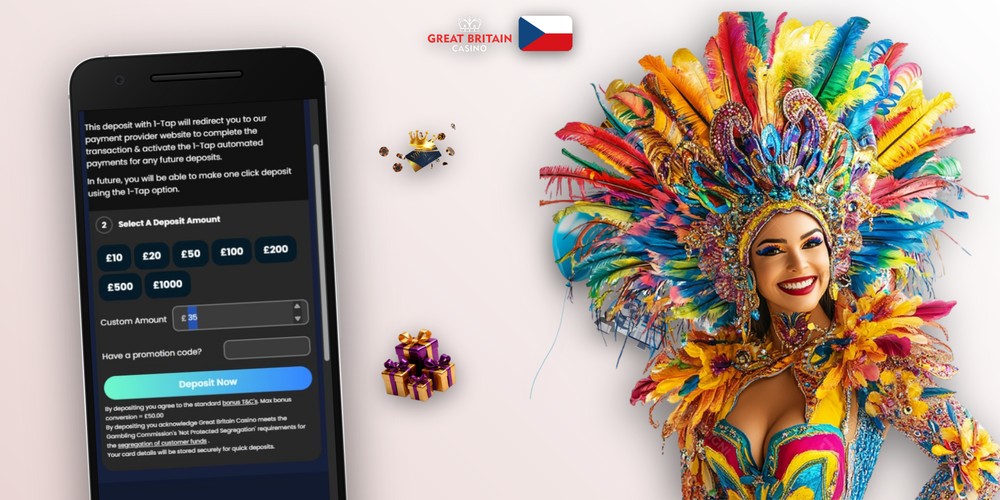 Rozhraní pokladny GB Casino se zadanou částkou v CZK a tlačítkem pro potvrzení vkladu